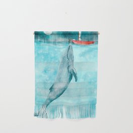 Whale illustration red boat Wall Hanging