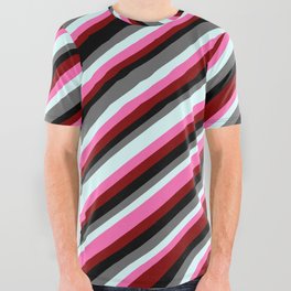 [ Thumbnail: Colorful Dim Gray, Light Cyan, Hot Pink, Maroon & Black Colored Striped/Lined Pattern All Over Graphic Tee ]