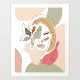 Abstract Blush Line Art Woman With Flowers Art Print