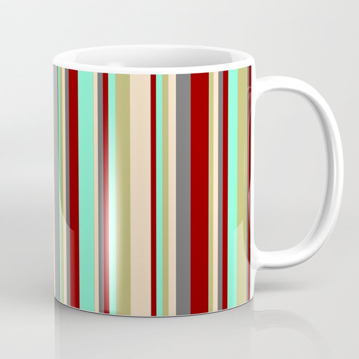 Aquamarine, Dark Khaki, Bisque, Dim Gray & Dark Red Colored Striped/Lined Pattern Coffee Mug