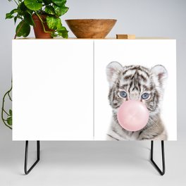Baby White Tiger Blowing Bubble Gum, Pink Nursery, Baby Animals Art Print by Synplus Credenza