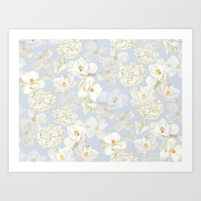 White Floral on Pale Blue Art Print