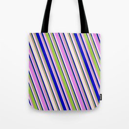 [ Thumbnail: Blue, Green, Violet & Beige Colored Lines Pattern Tote Bag ]