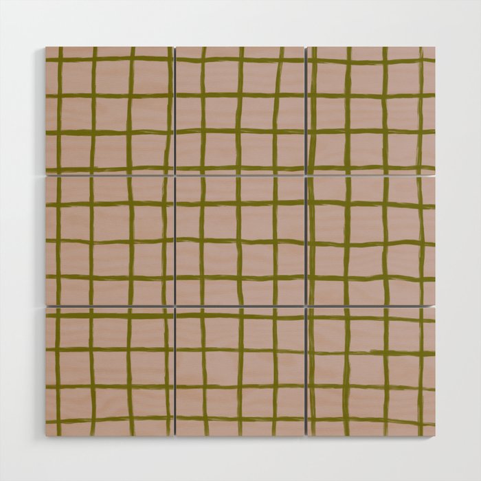 Chequered Grid - neutral tan and olive green Wood Wall Art