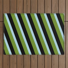 [ Thumbnail: Light Blue, Green & Black Colored Striped/Lined Pattern Outdoor Rug ]