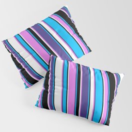 [ Thumbnail: Deep Sky Blue, Dark Slate Blue, Violet, White & Black Colored Lines/Stripes Pattern Pillow Sham ]
