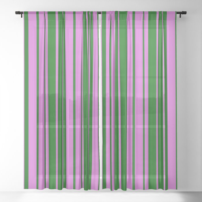 Orchid & Dark Green Colored Striped Pattern Sheer Curtain