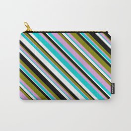[ Thumbnail: Eye-catching Green, Plum, Dark Turquoise, White & Black Colored Striped/Lined Pattern Carry-All Pouch ]