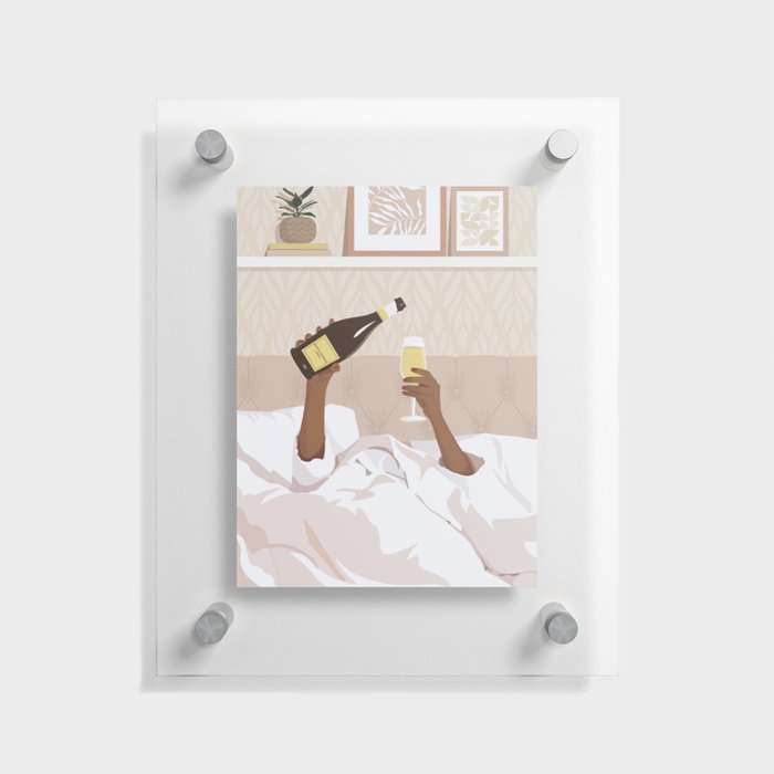 Black woman in bed with bottle of champagne Floating Acrylic Print