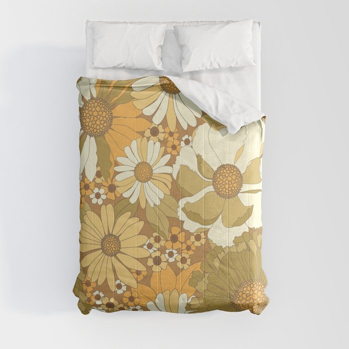 Brown, Orange, Ivory & Green Vintage Flower Pattern Comforter
