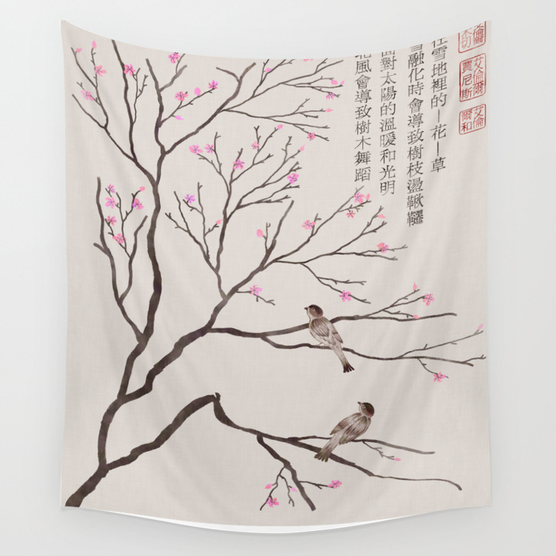 Chinese Painting Spring Birds Plum Blossom Wall Tapestry By
