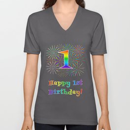 [ Thumbnail: 1st Birthday - Fun Rainbow Spectrum Gradient Pattern Text, Bursting Fireworks Inspired Background V Neck T Shirt V-Neck T-Shirt ]