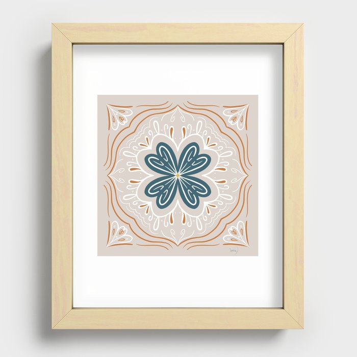 Floral mandala beige blue and terracota Recessed Framed Print