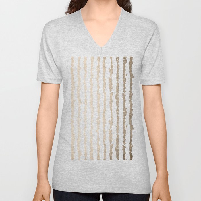White Gold Sands Vertical Ink Stripes V Neck T Shirt