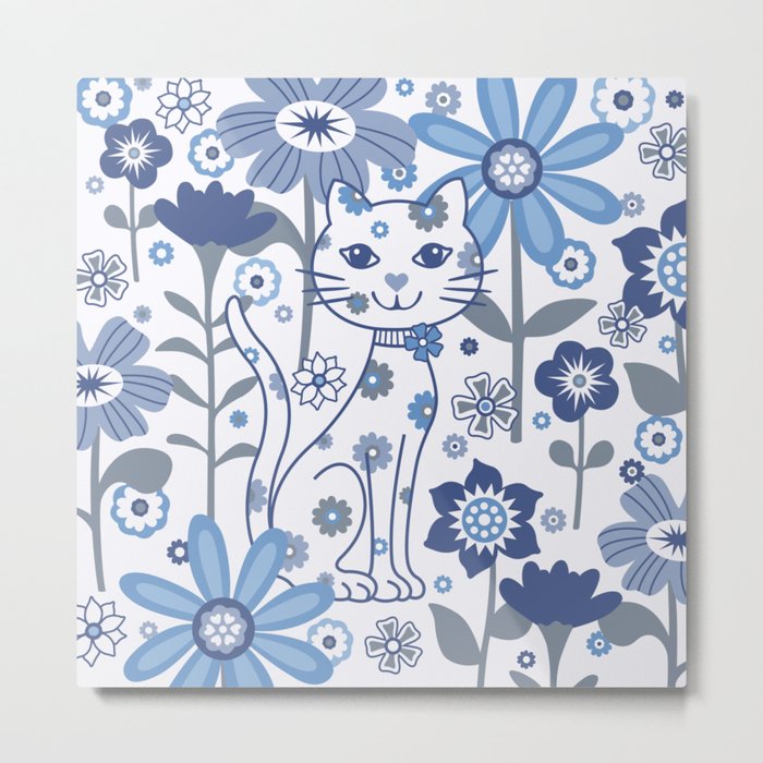 Blue and White Garden Cat Metal Print