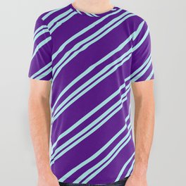 [ Thumbnail: Turquoise & Indigo Colored Striped Pattern All Over Graphic Tee ]