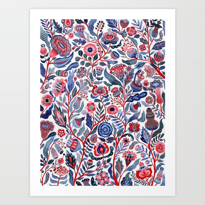 Botanical in red and blue Art Print