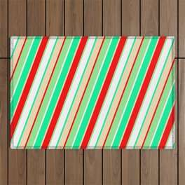 [ Thumbnail: Eye-catching Green, Tan, Red, Light Green, and White Colored Pattern of Stripes Outdoor Rug ]