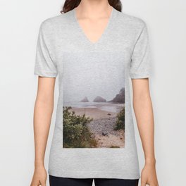 Oregon Coast Foggy Beach V Neck T Shirt