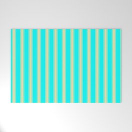 [ Thumbnail: Aqua and Pale Goldenrod Colored Lined Pattern Welcome Mat ]