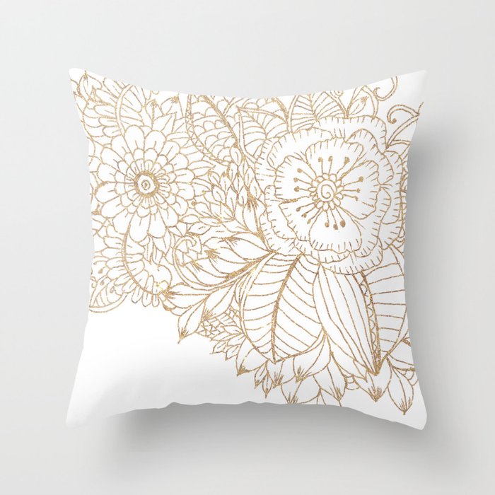 Elegant white faux gold glitter modern floral Throw Pillow