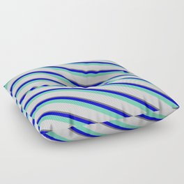 [ Thumbnail: Dim Grey, Blue, Aquamarine & Light Grey Colored Lined/Striped Pattern Floor Pillow ]