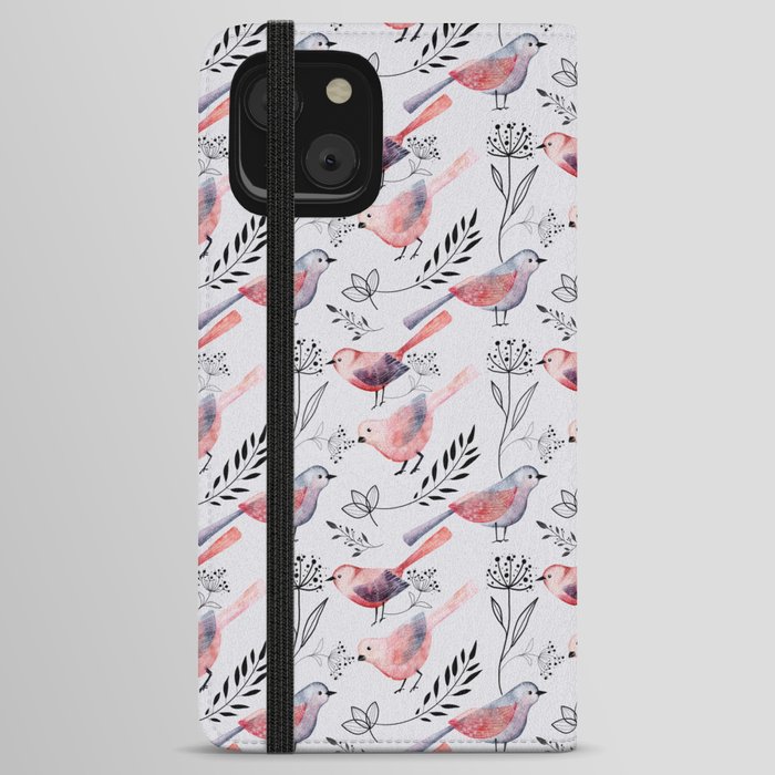 Pastel Wild Bird Flower Pattern iPhone Wallet Case