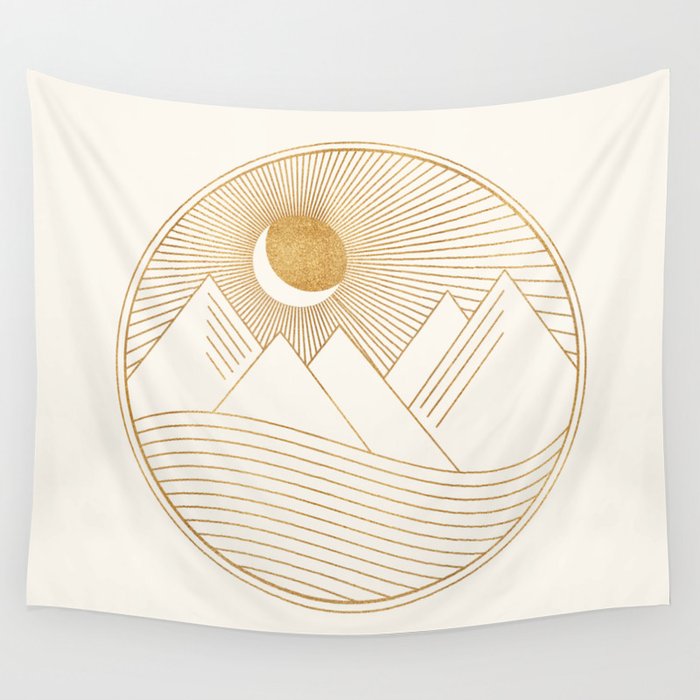 Golden Sunset Landscape with Mountains Wall Tapestry
