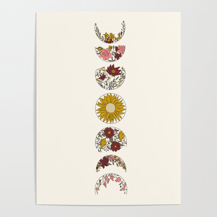 Floral Phases of the Moon Poster