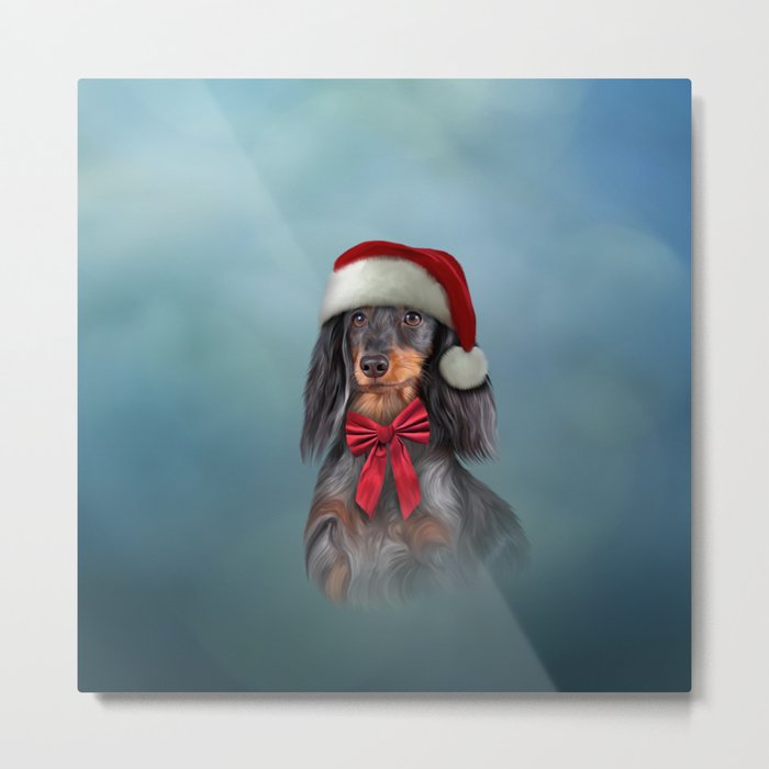 Dog Dachshund in red hat of Santa Claus Metal Print