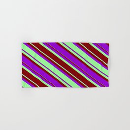 [ Thumbnail: Green, Maroon, and Dark Violet Colored Lined/Striped Pattern Hand & Bath Towel ]