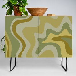 Retro Liquid Swirl Abstract Pattern in Olive Green and Celadon Tones  Credenza