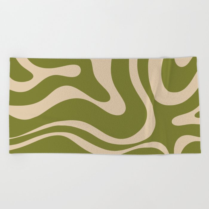 Retro Modern Liquid Swirl Abstract Pattern Square in Mid Mod Olive Green and Beige Beach Towel