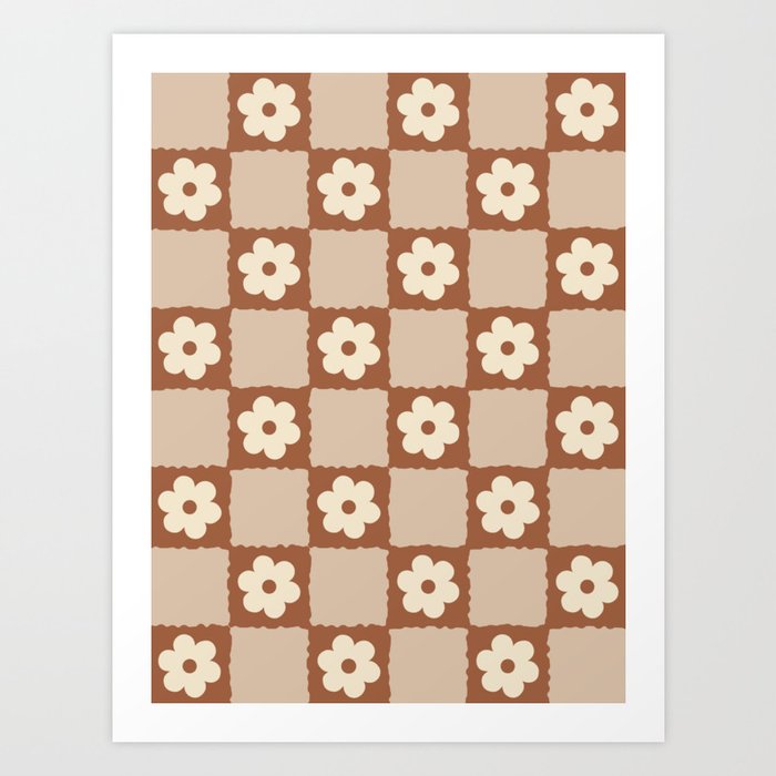 Retro Flower Checker in Brown Art Print