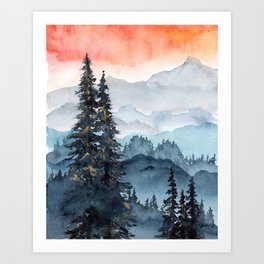 Indigo Forest with red sky  Art Print | Indigoforest, Red, Wallart, Indigo, Blue, Mistyforest, Foggy, Gold, Original, Forestart 