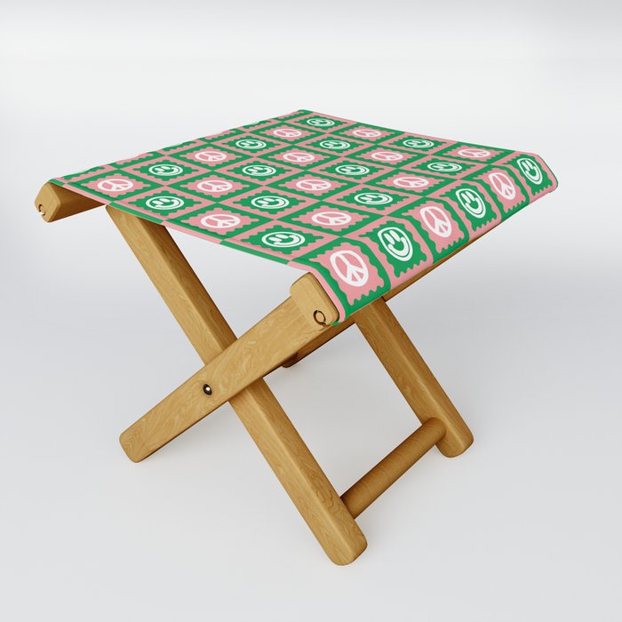 Funky Checkered Smileys and Peace Symbol Pattern (Pink, Green, White) Folding Stool