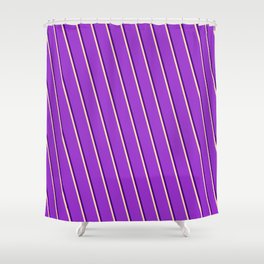 [ Thumbnail: Tan, Dark Orchid & Indigo Colored Pattern of Stripes Shower Curtain ]
