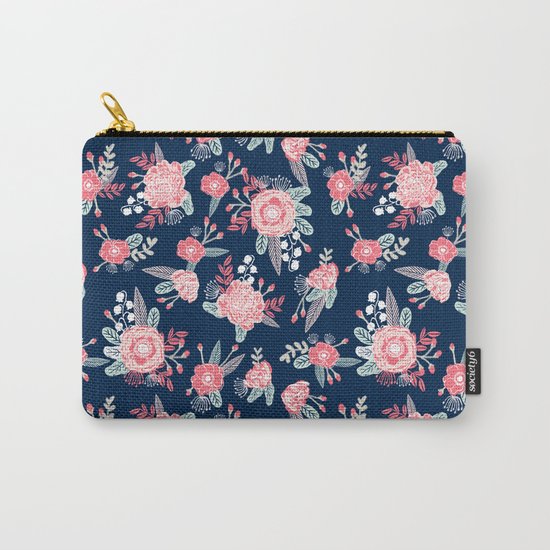 Florals navy coral pink blooms flower pattern girly trendy nursery baby Carry-All Pouch