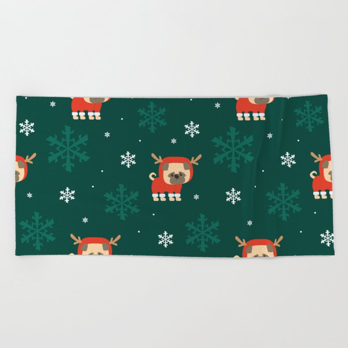 Colorful Seamless Pattern with Cute Dog in Christmas Costume 05 Beach Towel