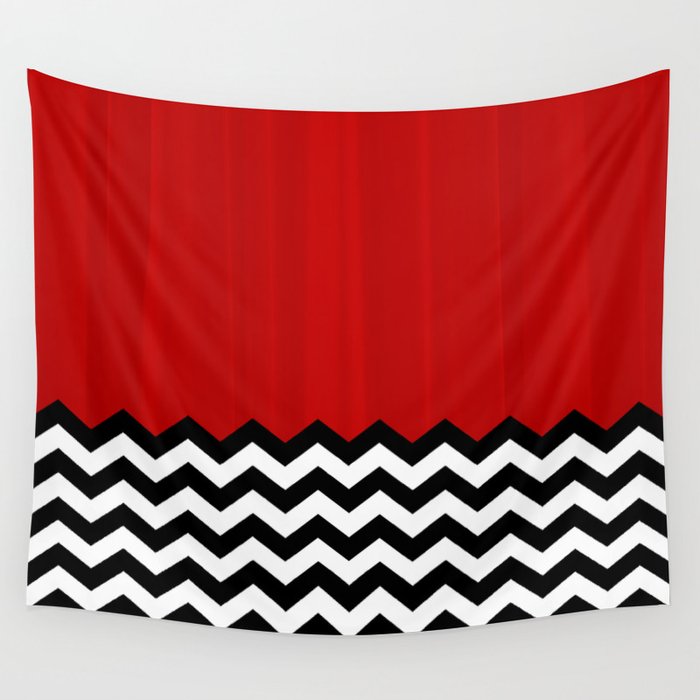 Red Black White Chevron Room w/ Curtains Wall Tapestry
