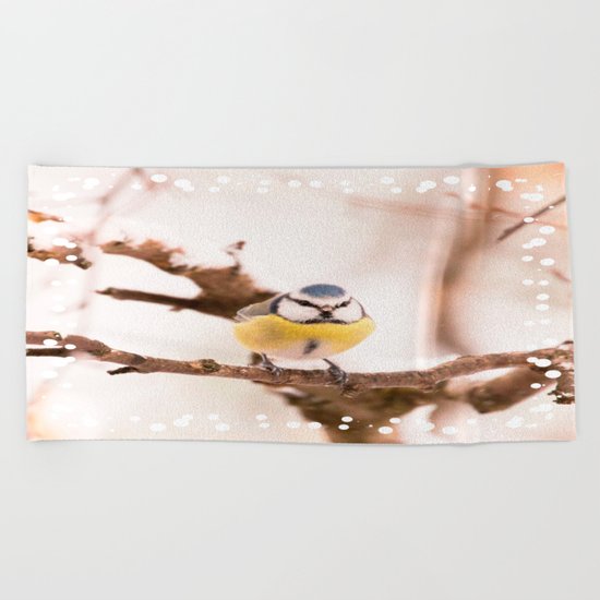 Blue tit on a branch Beach Towel