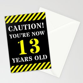 [ Thumbnail: 13th Birthday - Warning Stripes and Stencil Style Text Stationery Cards ]