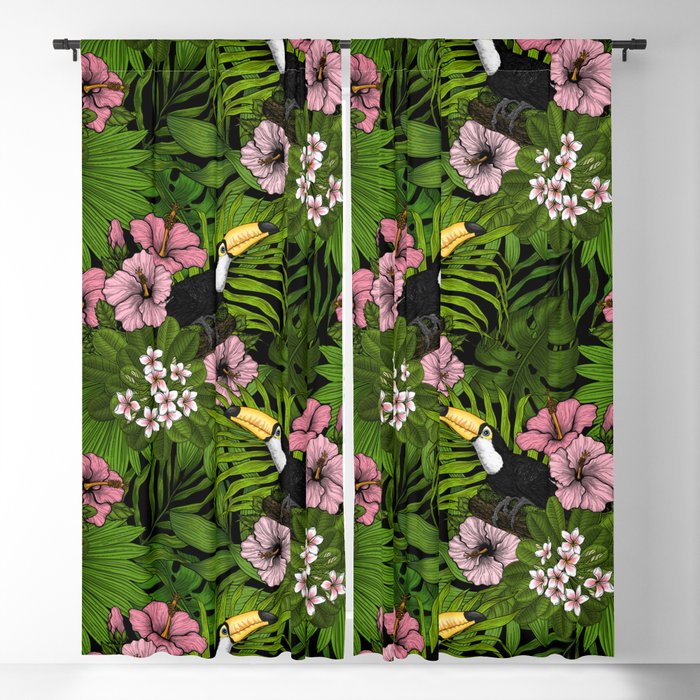 Toucans and tropical flora, green and pink Blackout Curtain