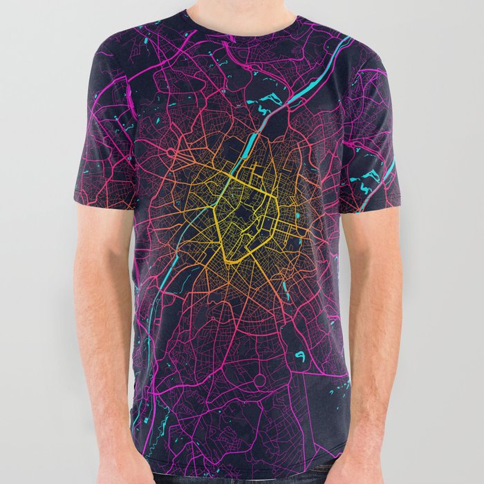 Brussels City Map of Belgium - Neon All Over Graphic Tee