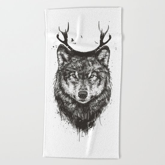 Deer wolf (b&w) Beach Towel