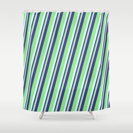[ Thumbnail: Dark Slate Blue, Light Green & Light Cyan Colored Lined Pattern Shower Curtain ]