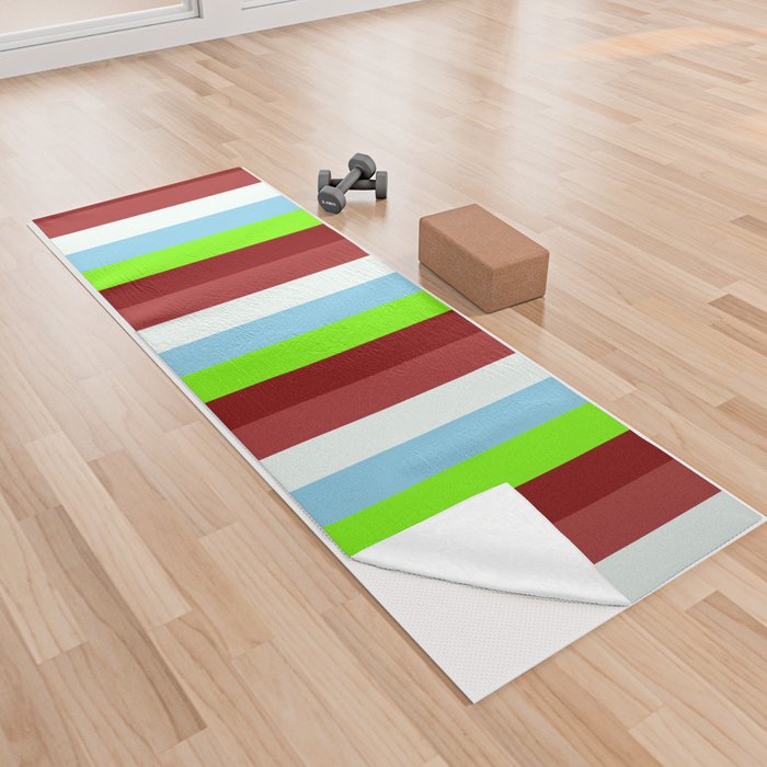 Colorful Brown, Mint Cream, Sky Blue, Green, and Maroon Colored Stripes/Lines Pattern Yoga Towel