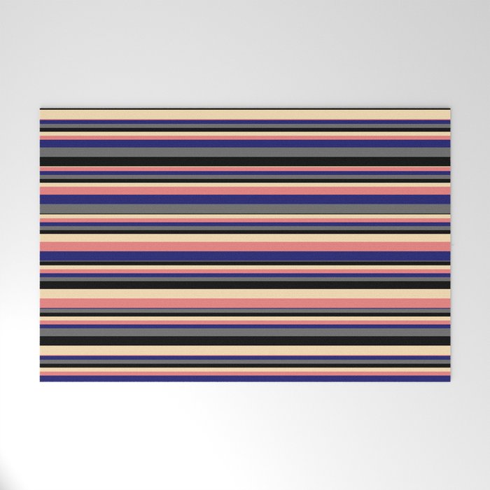 Vibrant Beige, Light Coral, Midnight Blue, Dim Gray, and Black Colored Pattern of Stripes Welcome Mat