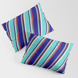 [ Thumbnail: Tan, Turquoise, Red & Blue Colored Lined Pattern Pillow Sham ]