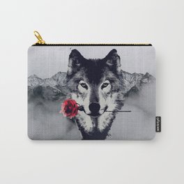 The Wolf With a Rose & Mountains Carry-All Pouch | White, Rose, Wolf, Flower, Digital, Black And White, Red, Graphicdesign, Tees 
